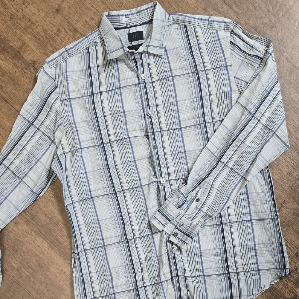 BR BANANA REPUBLIC‎ Slim Fit Leggiuno Fabric Blue & White Plaid Button-Up Sz L